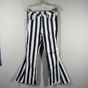 Bestto Striped Super Flare Jeans Womens Sz M Black White Bell Bottom Frayed Hem